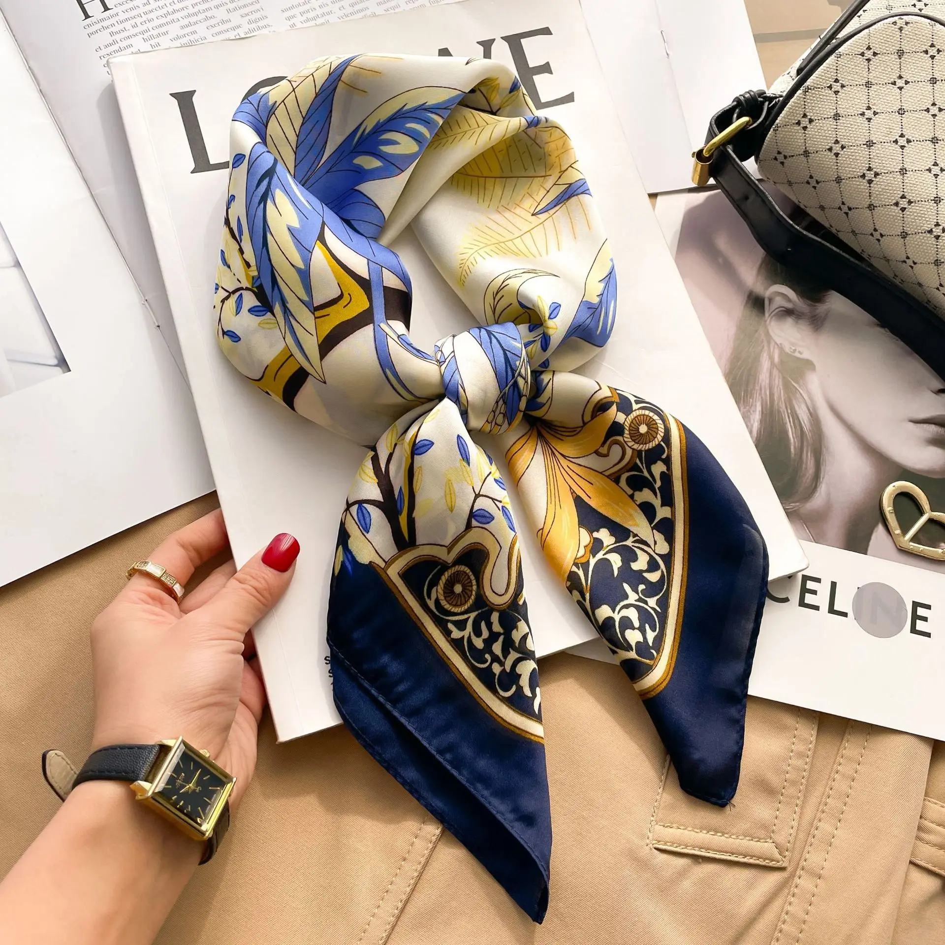 

70cm Colorful Print Silk Scarf Women Fashion Kerchief Soft Satin Hairband Hands Bag Ribbon Foulard Hijab Neckerchief Headband