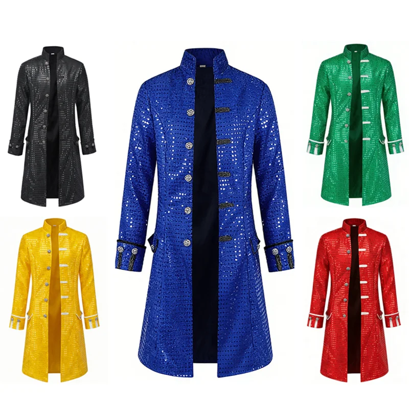 

Palace Sequin Long Coat Retro Standing Collar Knight Trench Jacket Stage Performance Party Dress Adult Men Nightclub Bar Coat ﻿