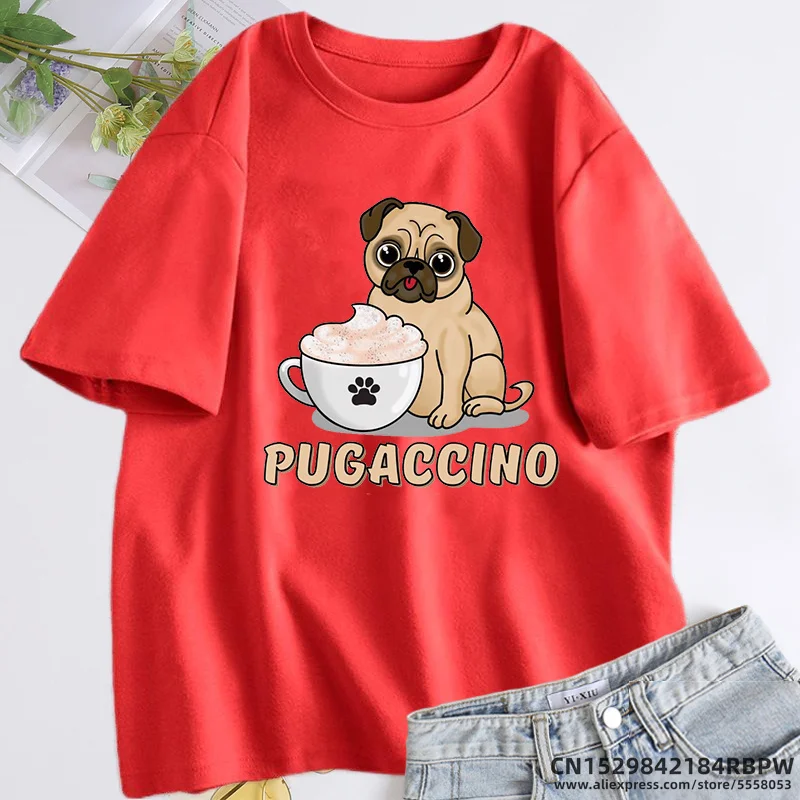 Pugaccino Cute Pug with Cappuccino T Shirt Women Summer Cotton Short Sleeve Tee Shirt Oversized Woman Clothing Woman\'s T Shirts