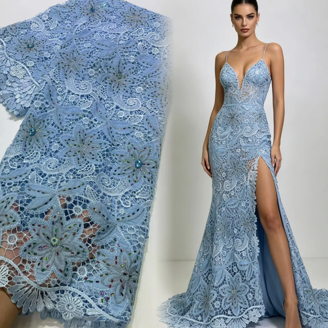 AT2850 Nigerian Water Soluble Fabric and Lace Newest Sequin Guipure Cord Lace Embroidered for Women Wedding Dress Sewing 5Yards