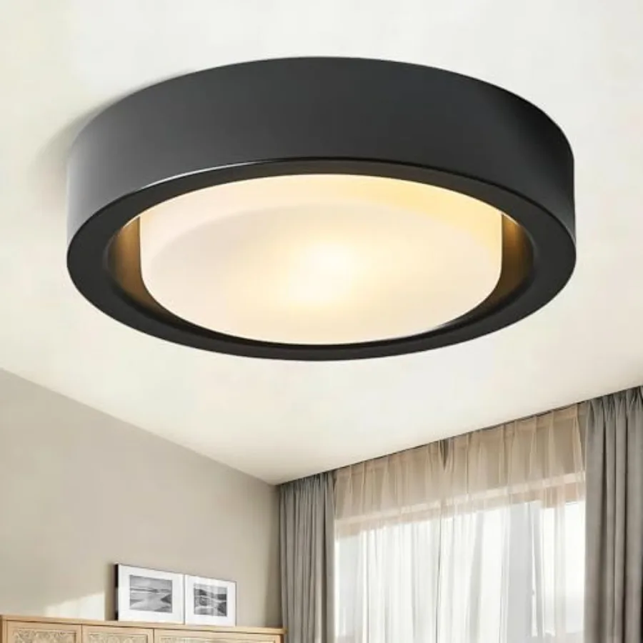 Flush Mount Ceiling Light13 Inch Matte Ceiling Lighting Fixture 2-Light Modern Round Metal Lamp with White Frosted Glass Shade