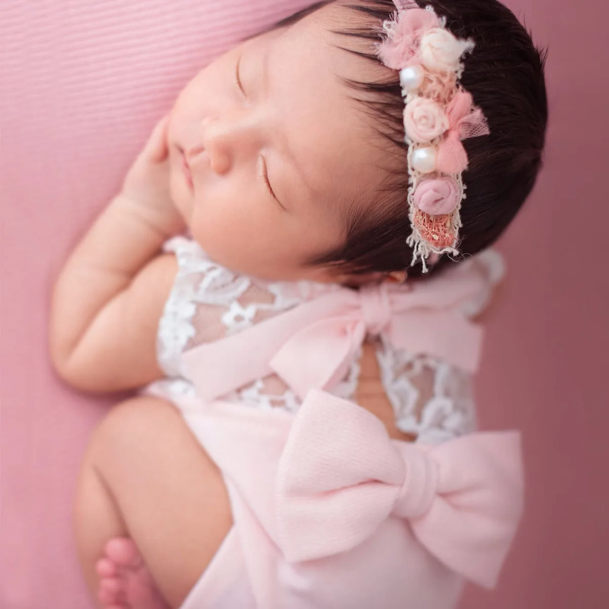 Ylsteed Pink Newborn Lace Romper Back Big Bowknot Bodysuit Baby Girl Photography Outfits