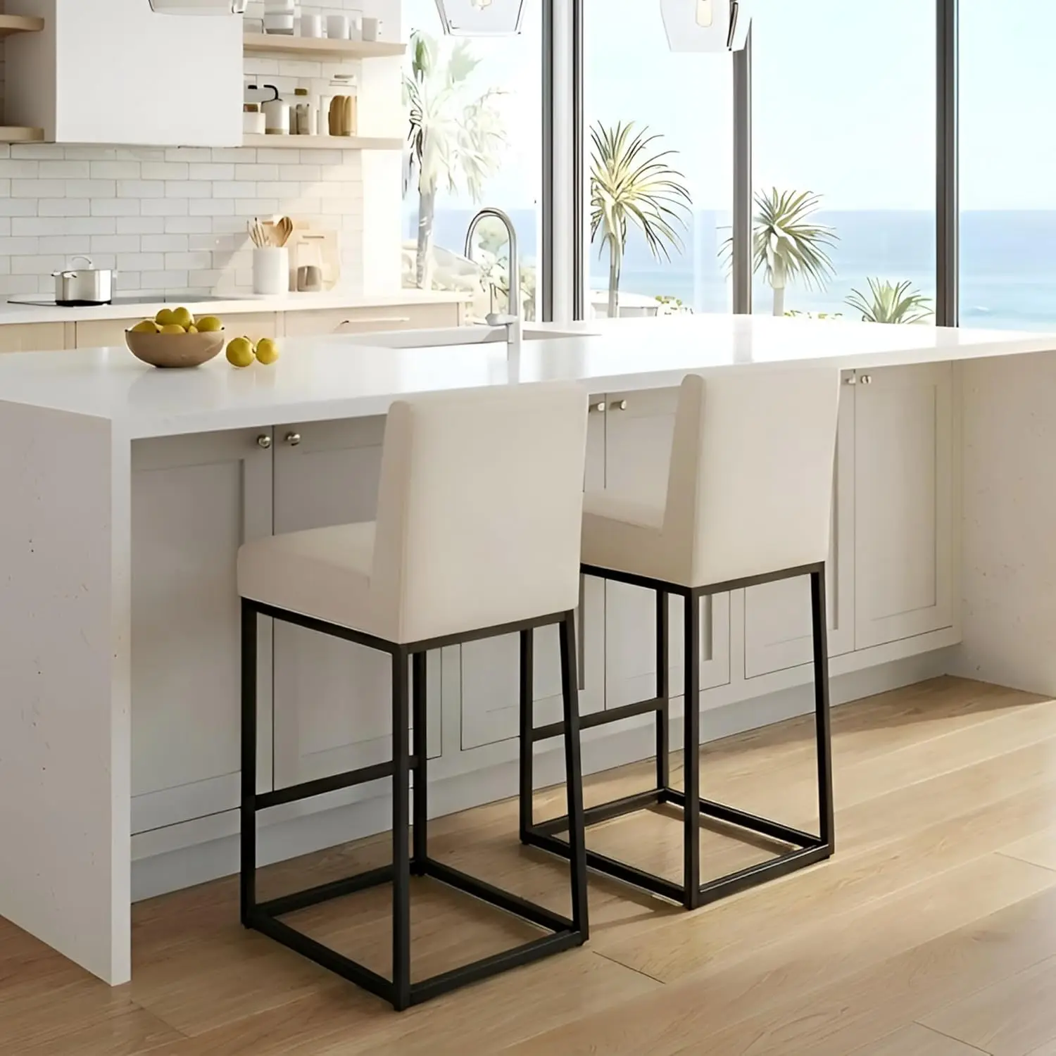 

Cream Linen Upholstered Counter Height Bar Stools Set of 2 with Backrest Black Metal Frame Kitchen Island 27", Customized