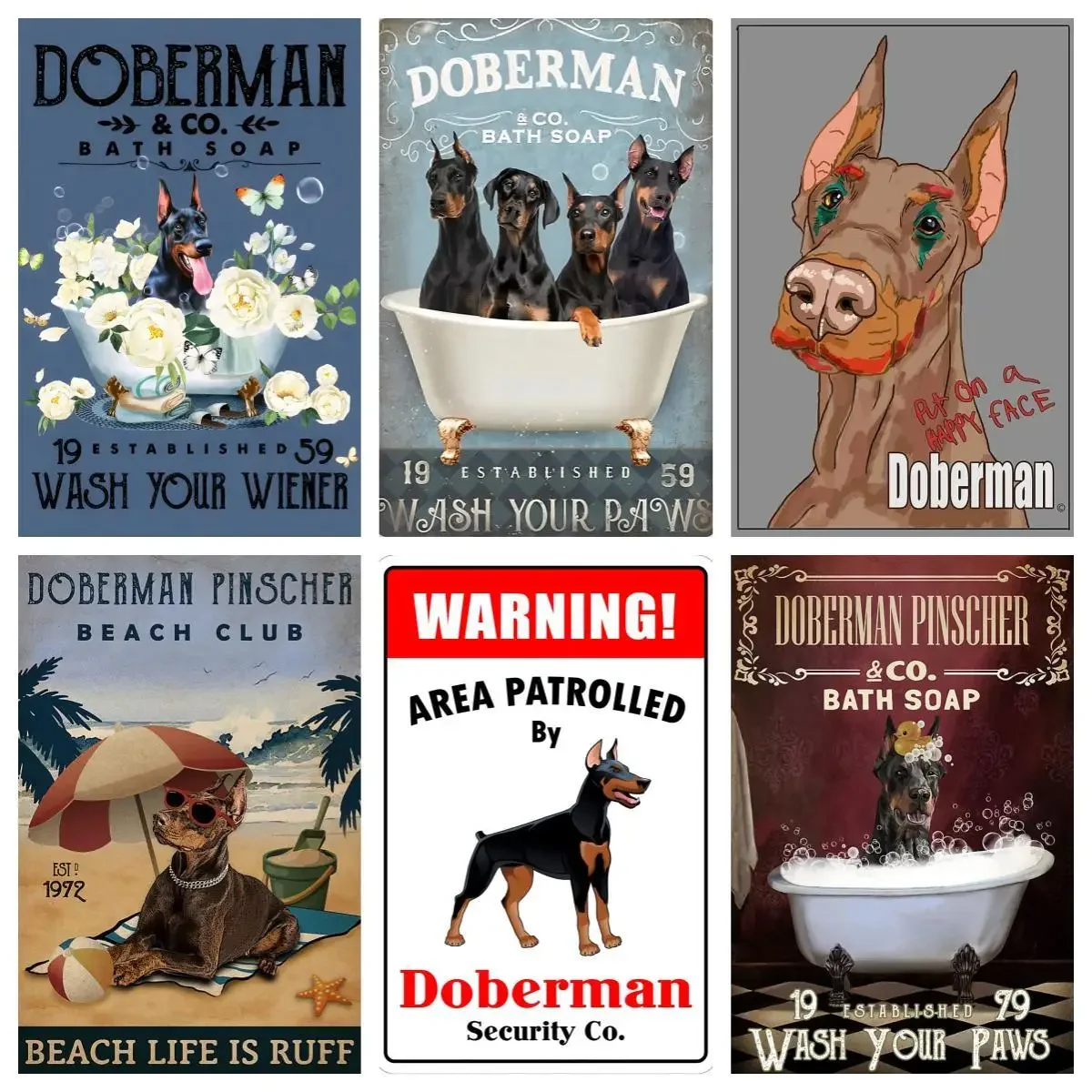 Doberman Bath Soap Established Wash Your Wiener Poster, Doberman Dog Metal Sign,Bathroom Home Room Kitchen Cafe Bar Garage Decor