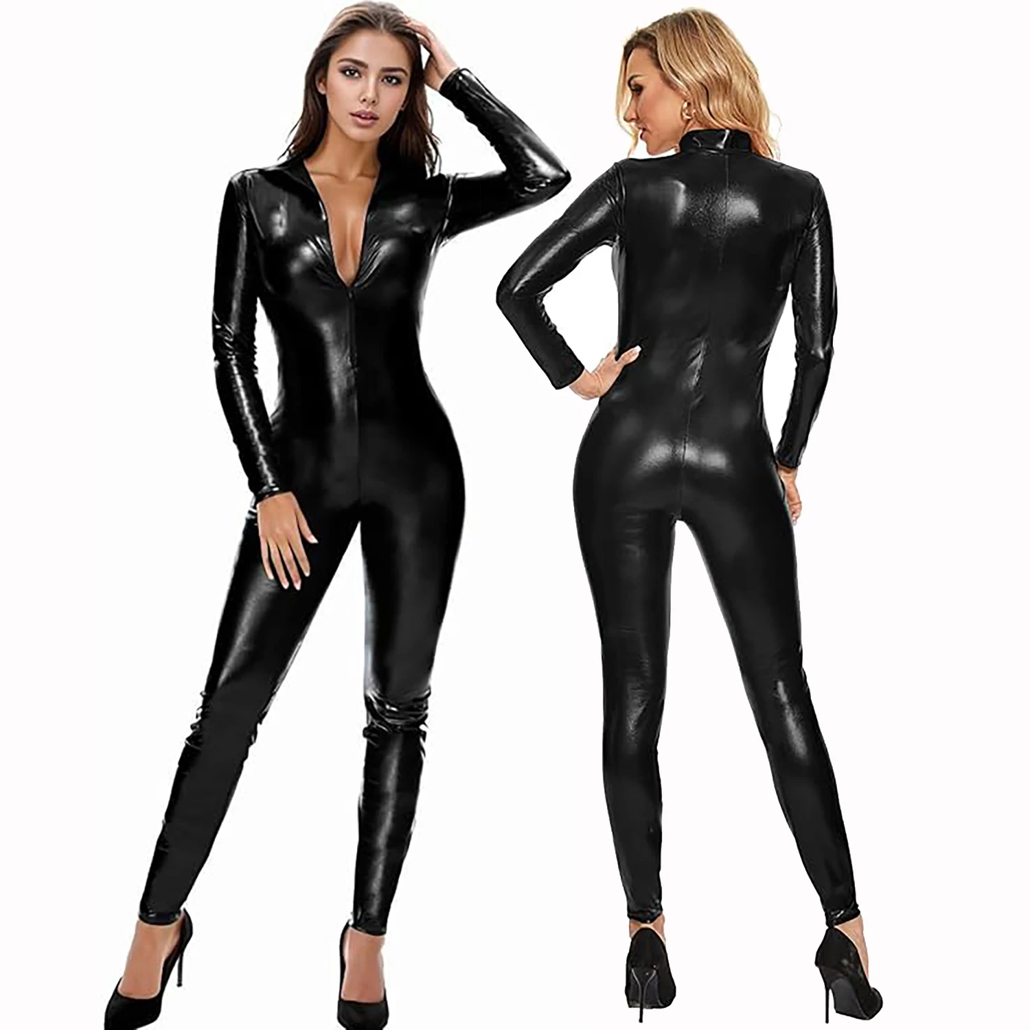 SPEERISE 女性シャイニーメタリックユニタードタートルネック長袖キャットスーツボディスーツフットレス全身タイツスーツコスプレホロウィンコスチューム