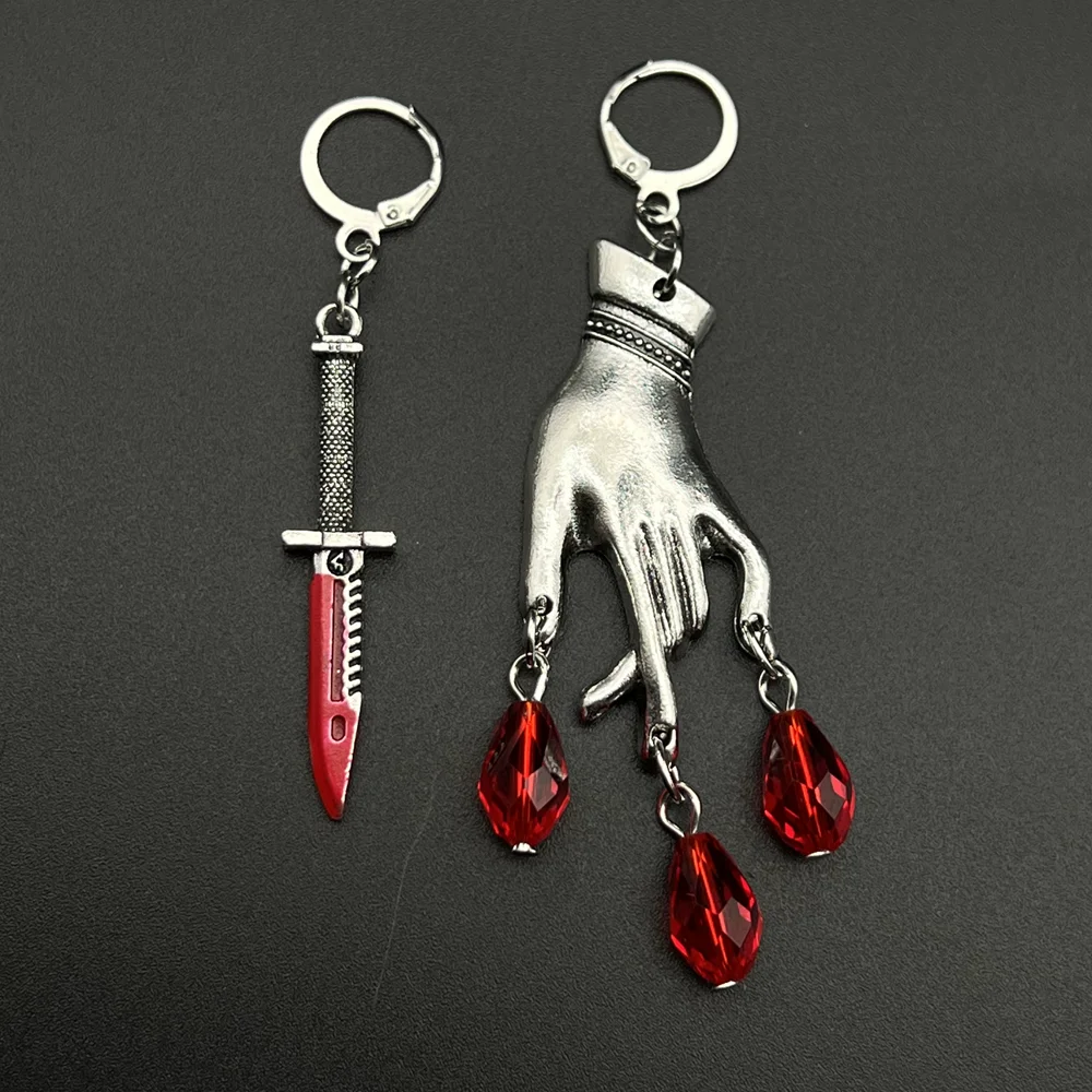 Red Dagger Earrings Hand The Asymmetrical Silver Plated Lady & Dagger Earrings,Aesthetic Dangle Earrings,Boho Earrings