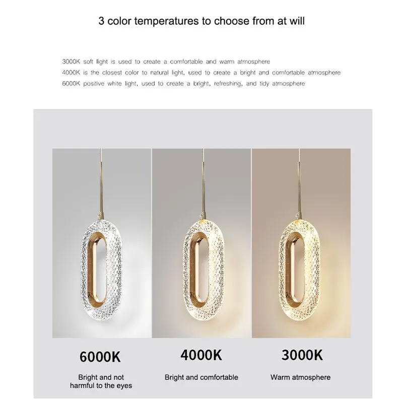 Nordic LED Pendant Lamps Decor for Sofa Background Gold Hanging Light Ring Crystal Pendant Lights Long Line Ellipse Pendant Lamp