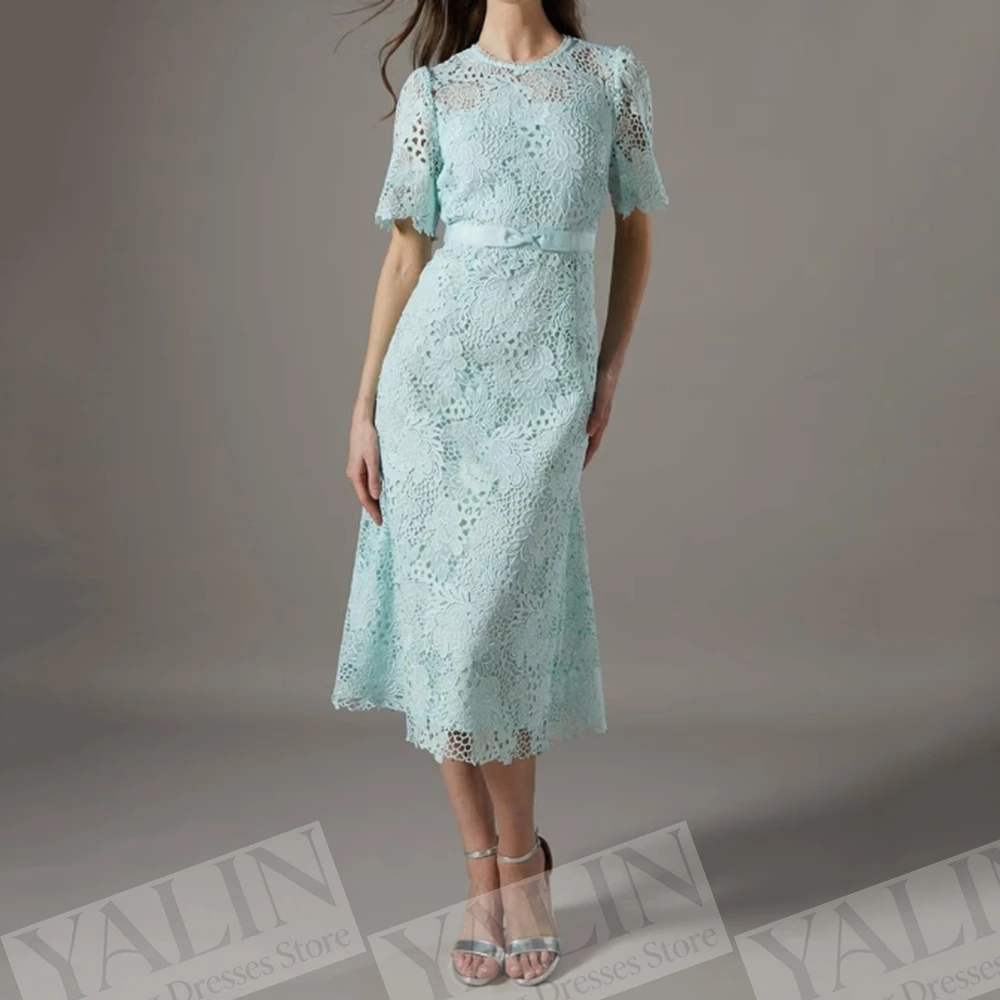 

Women's A-line Evening Dresses Tea-length O-neck Short Sleeve Prom Dresses Fashion Lace Sashes Simple Draped Customized Gowns