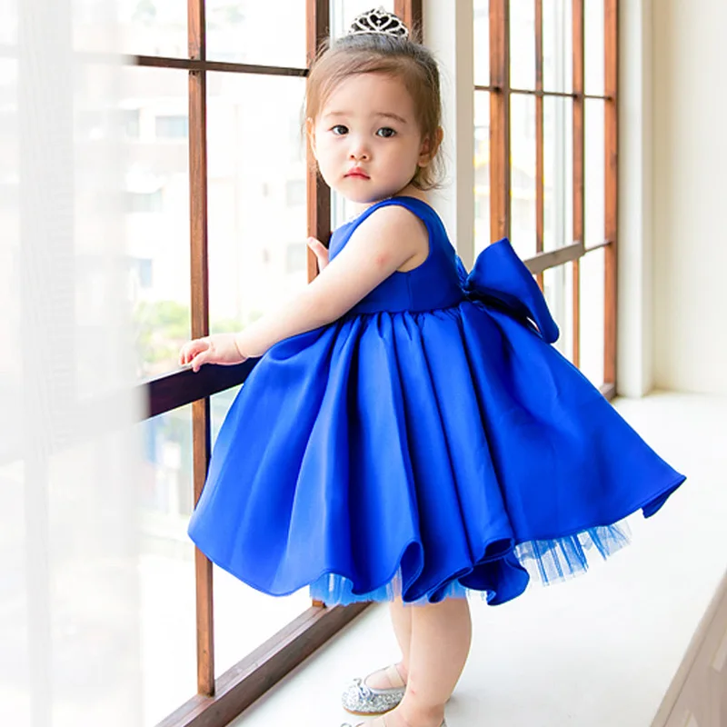 Baby Girl Party Dress Rolay Blue Summer New Children\'s Dress Big Bow Toddler Kids 1st Birthday Baptism Gown Bridesmaid Dress