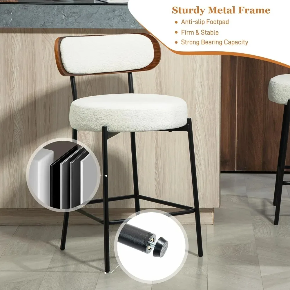 مجموعة مقاعد بار FUNCOLOR مقاس 28 بوصة مكونة من 2، مقاعد للبار بيضاء حديثة بارتفاع مضاد مع ظهر خشبي لجزيرة المطبخ، منجد F