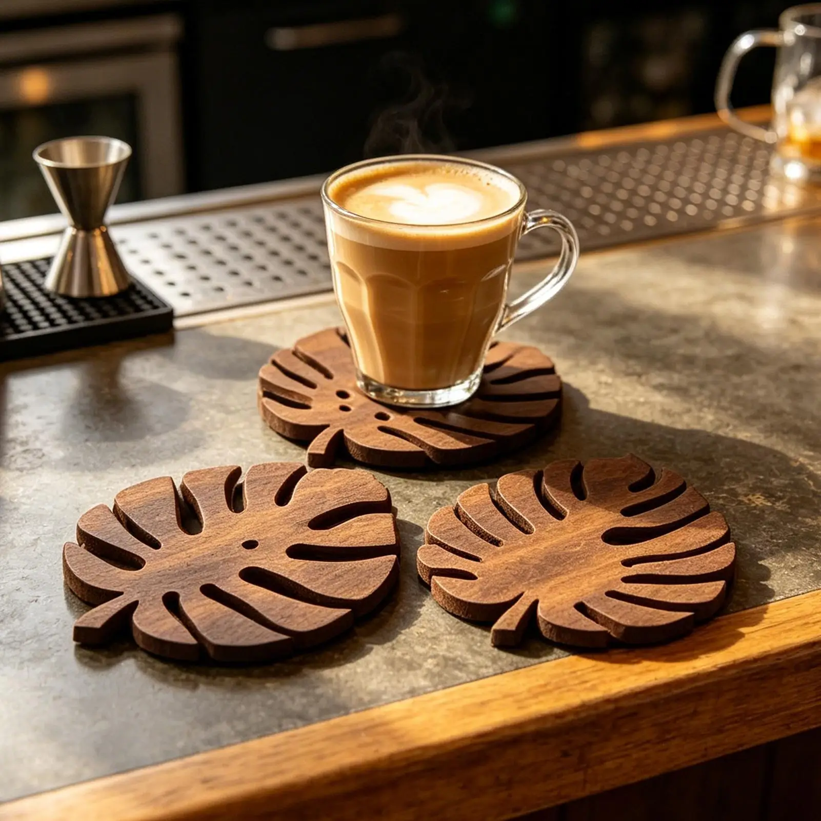 3Pcs Wooden Monstera Leaf Coasters Palm Leaves Heat Insulation Trivets Rustic Wood Drink Coasters for Table Home Decor