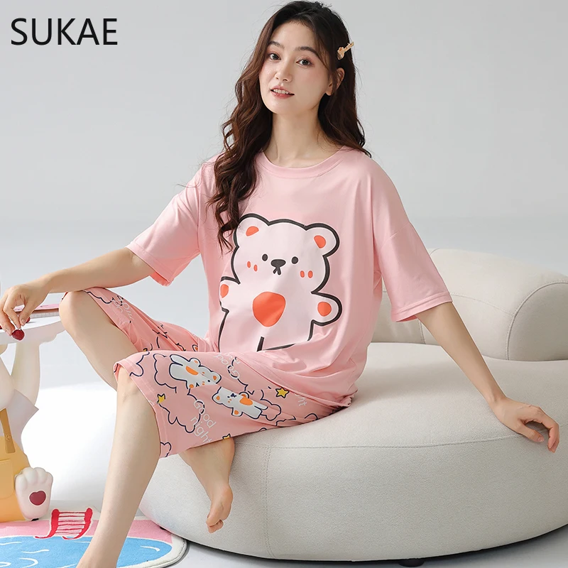 SUKAE M-6XL Big Size Nightwear Calf-length O-Neck Sleepwear Women Faux Cotton Capris Pajama Pijamas for Woman Lady Pajamas Set