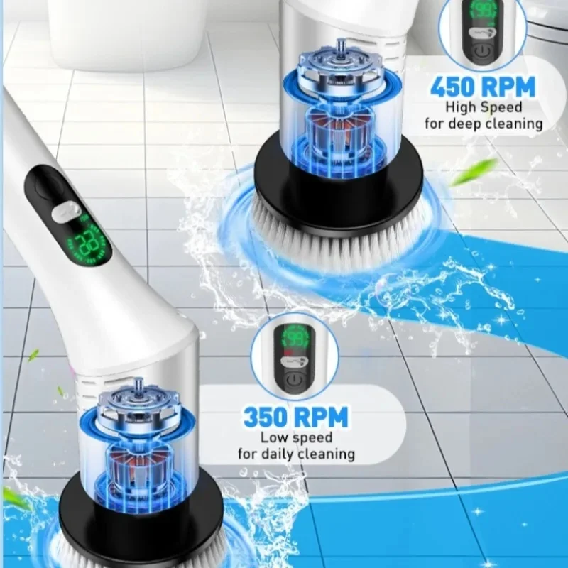 Multi-Purpose 9 in 1 Cordless Electric Power Scrubber Bathroom 8 Scrub Brush with Adjustable Extension Handle Shower Scrubber - Detail Angle #03