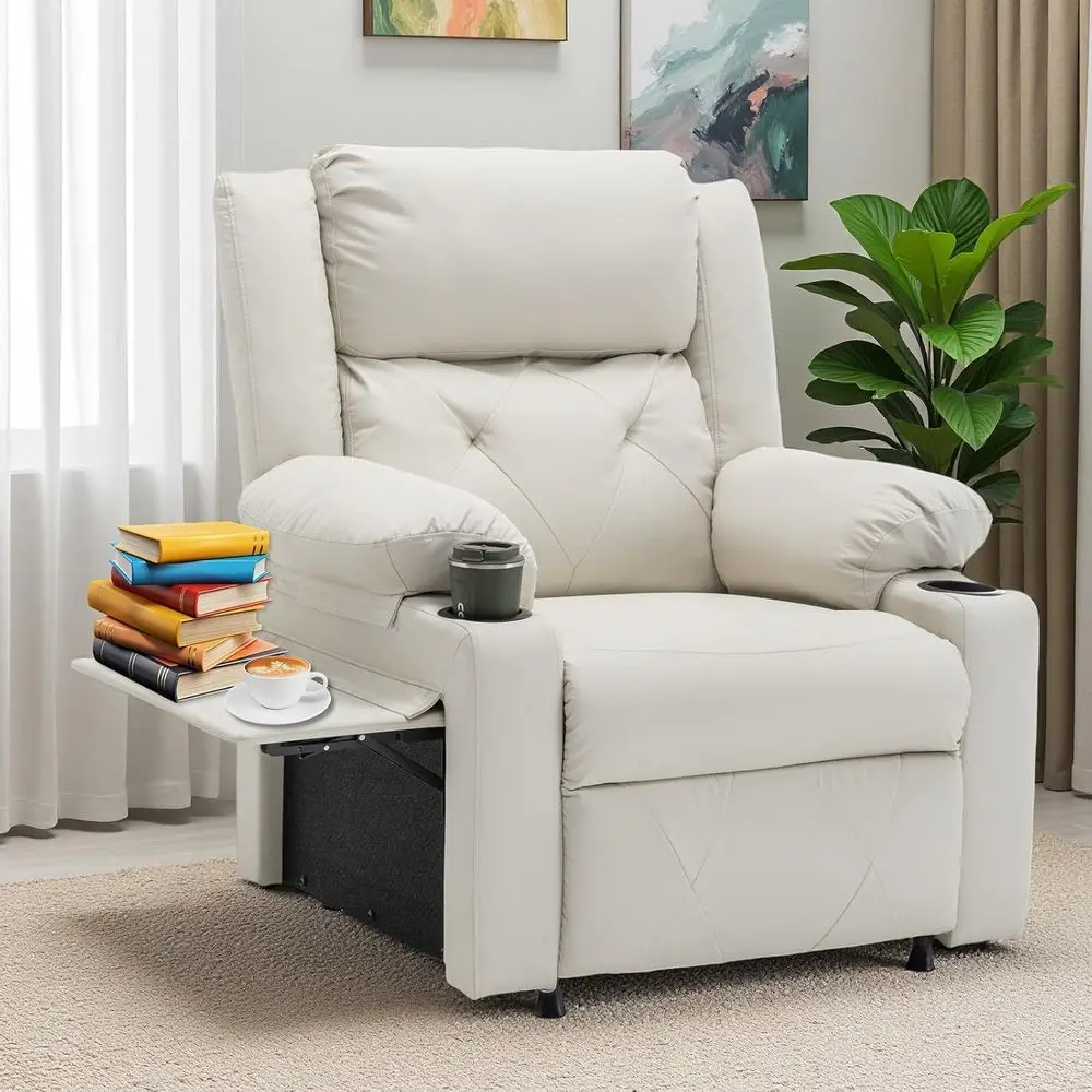 Beige Leatherette Recliner with Vibration Massage, Heat and Side Table for Living Room or Home Theater