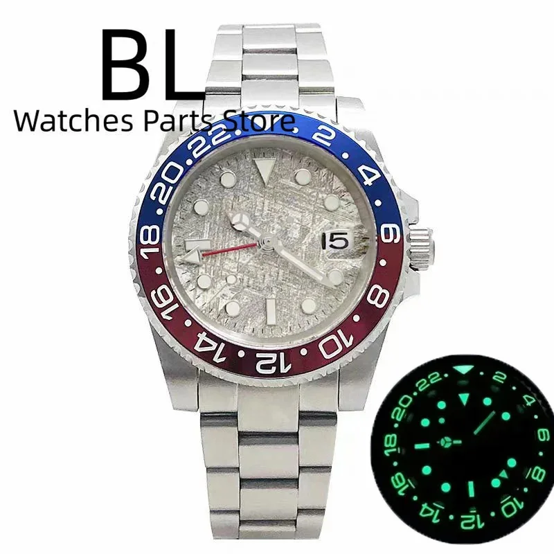 BLIGER Watches For Men 40mm NH34 GMT Gray Meteorite Dial Blue Red Bezel Green Luminous Sappire Glass Stainless Steel Strap Date