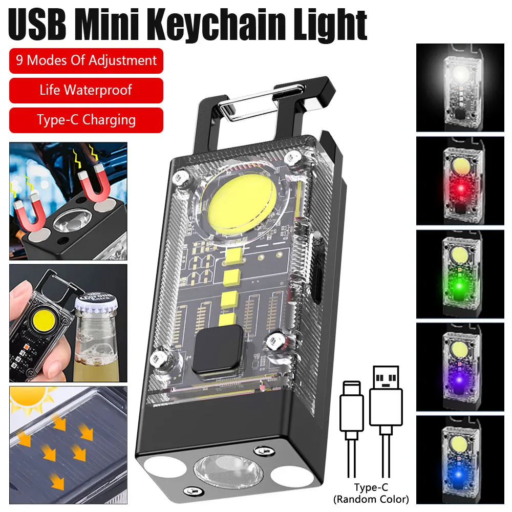 

1000LM Mini EDC Solar LED+COB Flashlight Small Pocket Keychain Torch USB Rechargeable Strong Magnetic Camping Lantern Floodlight