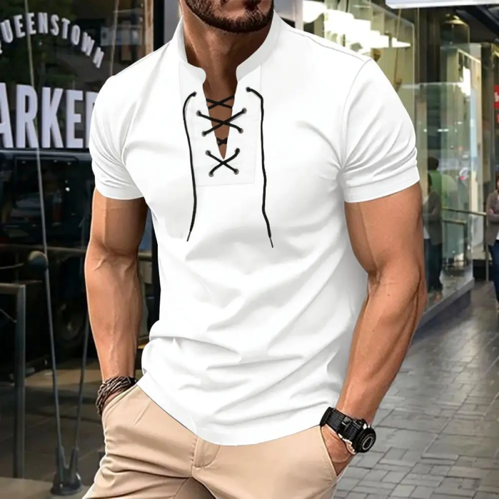 Vintage Style Mens Short Sleeve T Shirt V Neck Lace Up Casual Loose Summer Breathable Fashion Tee For Men