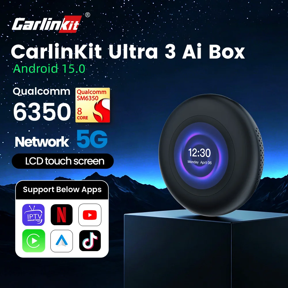 Novo CarlinKit Ultra3 Box Android 15 SM6350 Adaptador Wireless Carplay Android Auto com Suporte para Netflix, YouTube, Hulu, IPTV, BT, Wi-Fi e GNSS