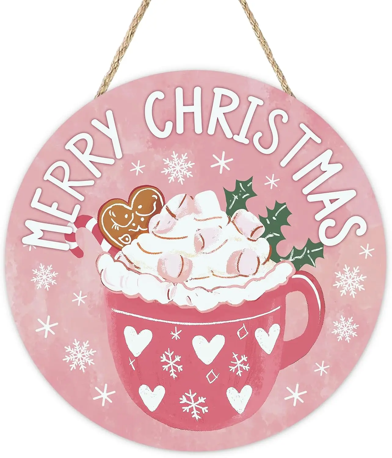 Merry Christmas Round Door Sign, 12 Inch Pink Cozy Holiday Mug Hot Cocoa