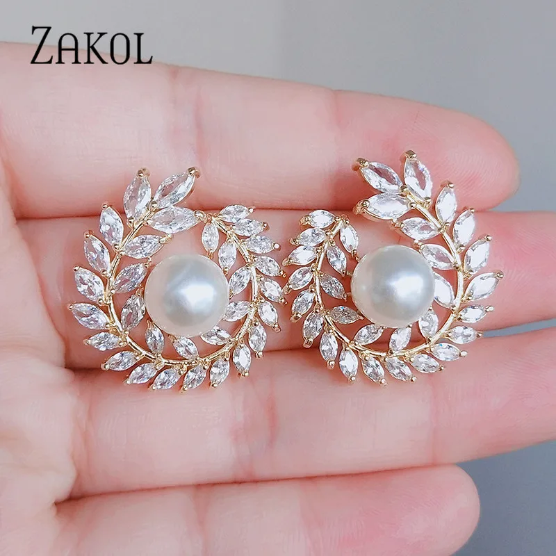 ZAKOL Luxury Simulated Pearl Bridal Stud Earrings with Cubic Zirconia for Women Fashion Leaf Wedding Jewelry EP2358