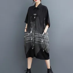 #3333 Summer Black White Printed Shirt Dress Women Polo-Neck Vintage Button Front Shirt Dress Short Sleeve Loose Pockets Retro