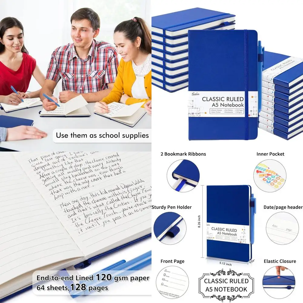 

Набор блокнотов А5 в линейку, 18 твердопечатных блокнотов для мужчин и женщин, 120 г/м², 5,1x8,3 дюйма, темно-синий, с 18 ручками