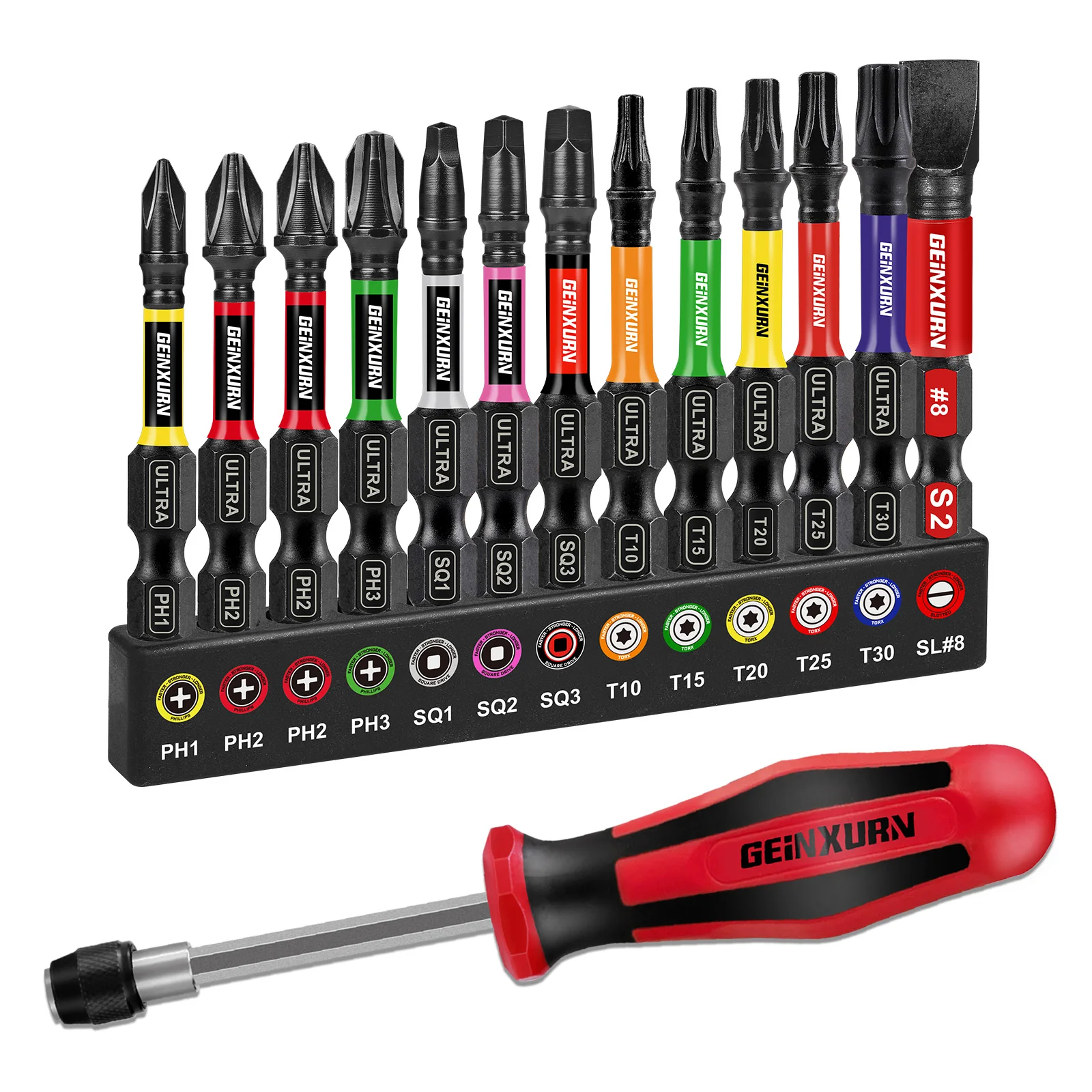 Geinxurn 14PCS UTLTRA TORQUE Driver Bit Set With Screwdriver Bit Handle 2'' Magnetic S2 Steel Bits Set with Color Coded Base