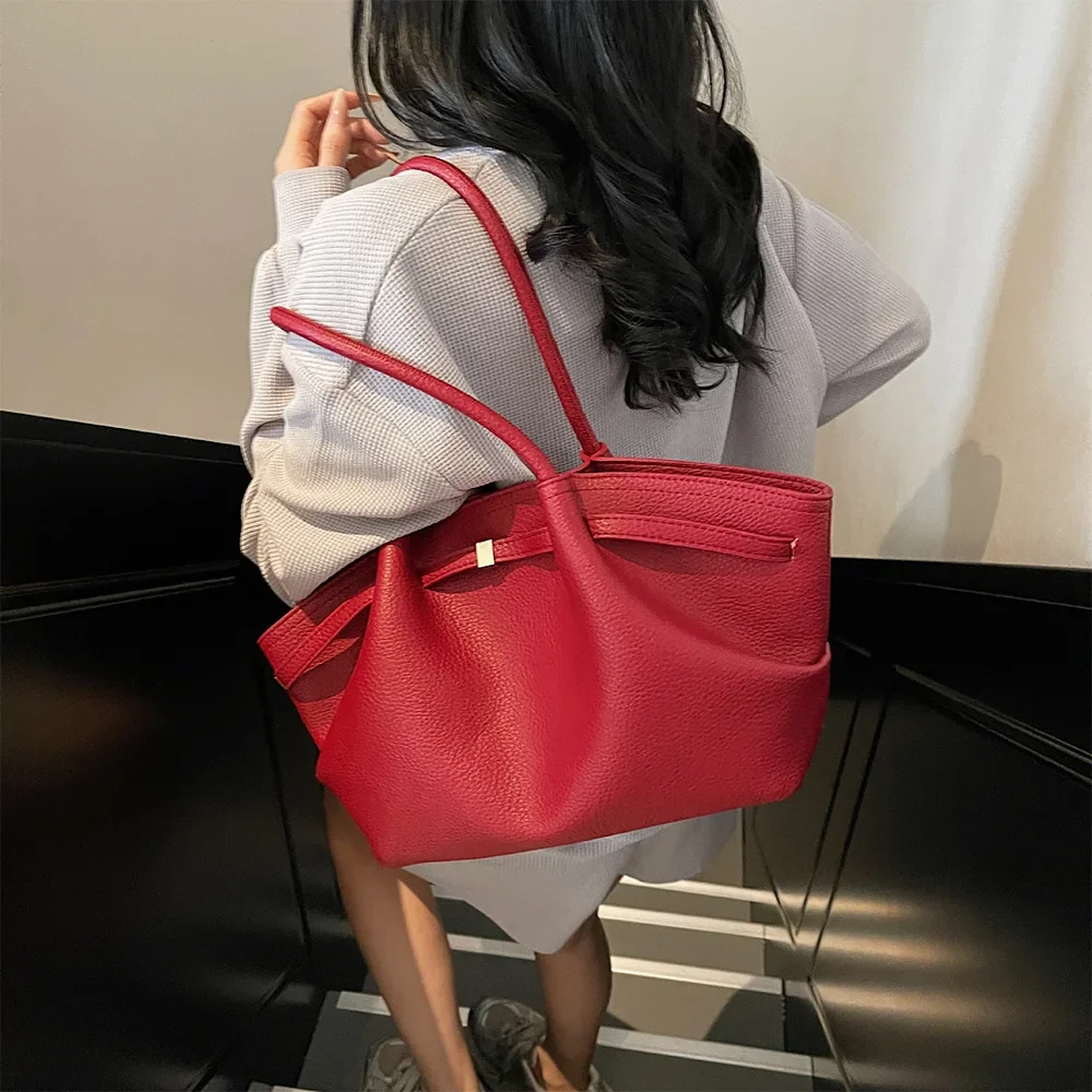 Luxuriöse Lychee-Muster Schultertaschen aus PU-Leder Einfarbige Damenhandtaschen Große Kapazität Tragetasche Reisehandtaschen – Detail 10