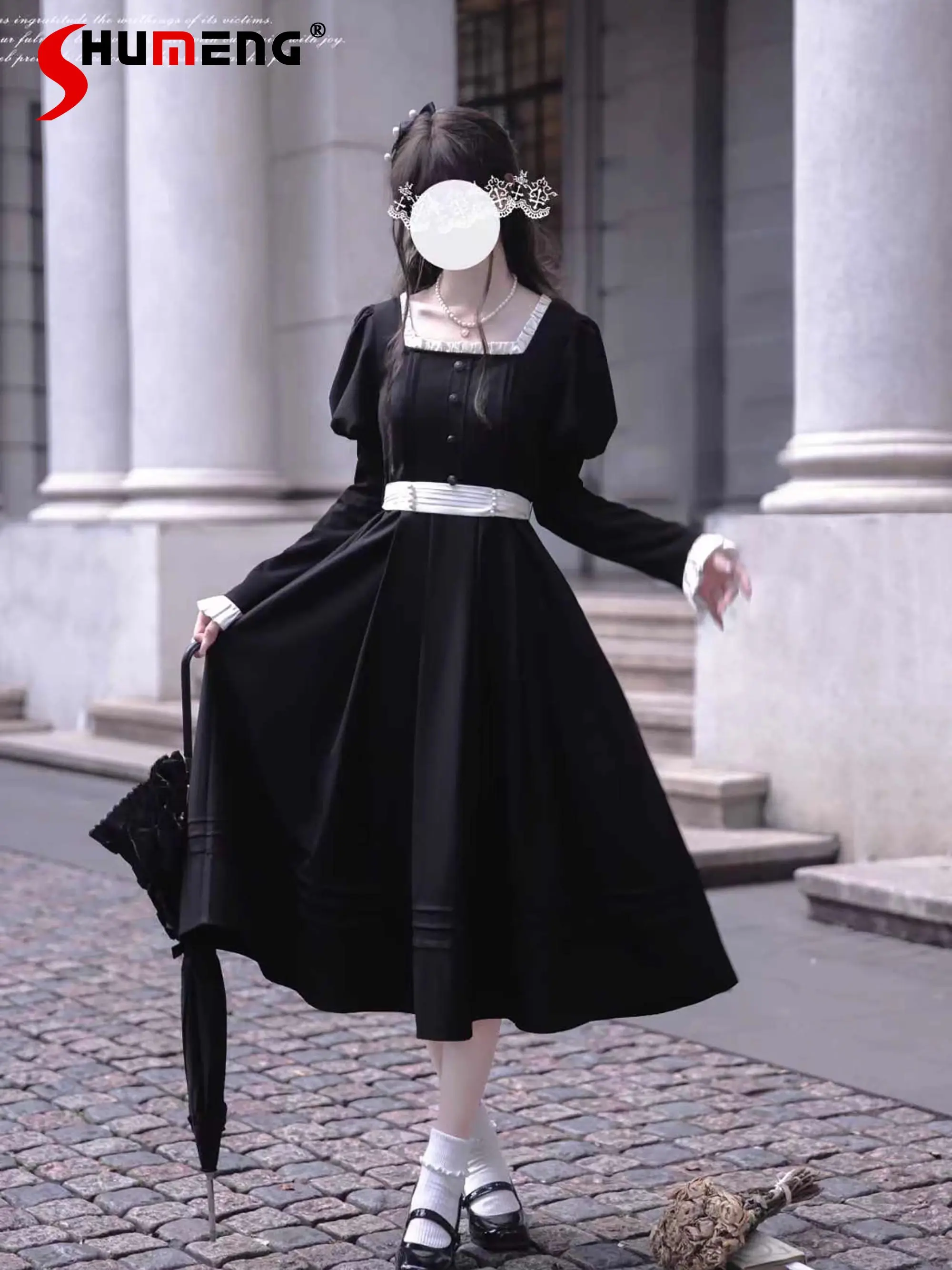 

2026 Spring French Style Elegant Retro Lolita Dress Square Neck Long Sleeve High Waist Slim A-line Black Long Dress for Women