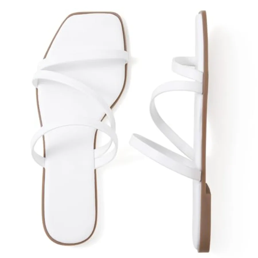 

LACUONE Strappy Flat Sandals For Women Slip On Square Open Toe Slides Sandals