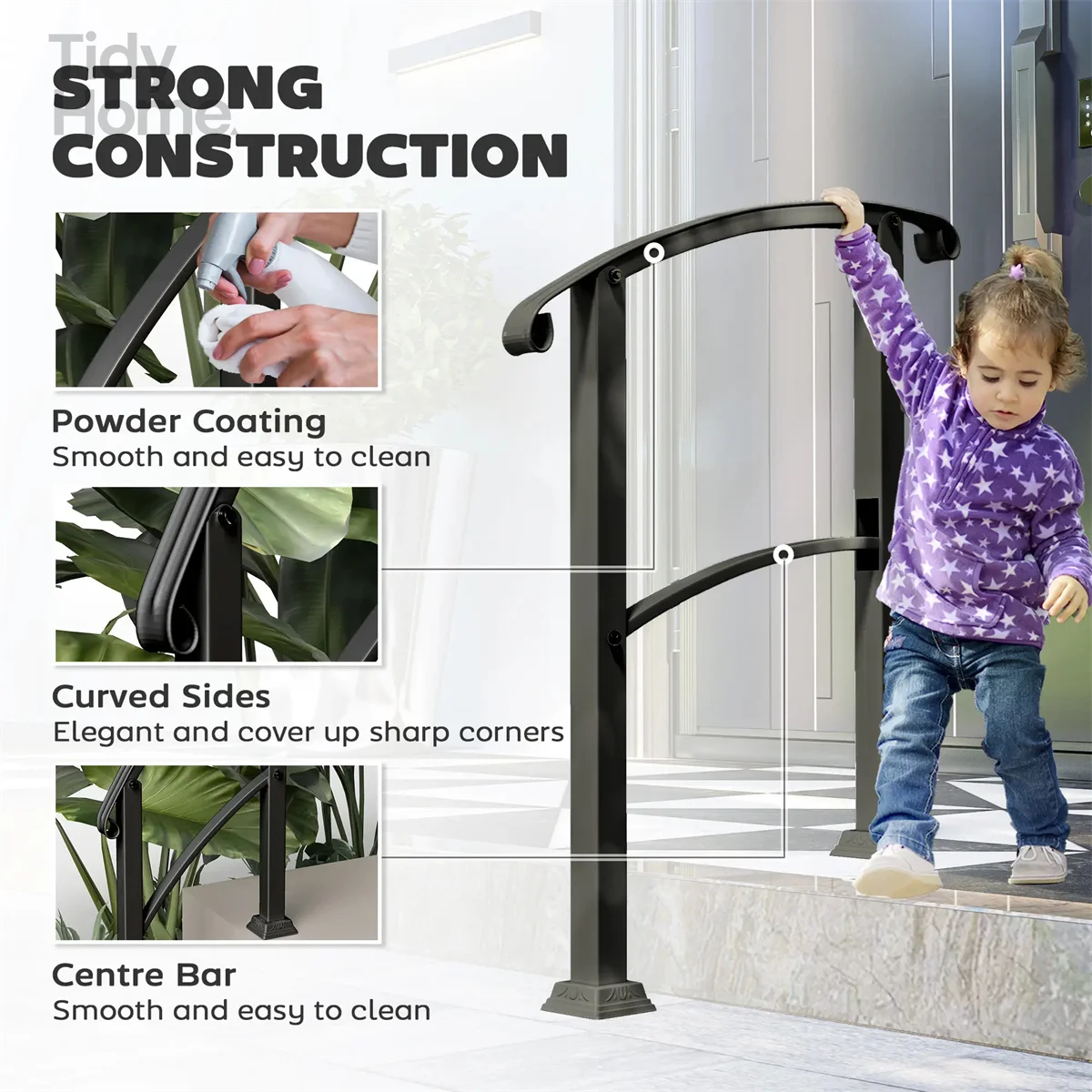 Black Step Metal Handrails for Outdoor Steps Stair Railing, Front Step Support, Sturdy Design, Secure Installation