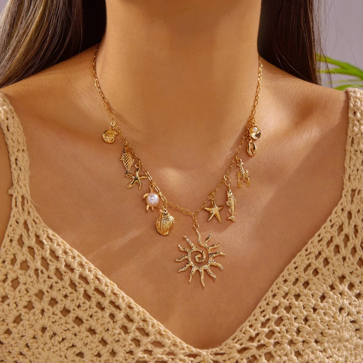 Boho Küsten-Halskette mit Seestern, Muschel, Seepferdchen, Schnecke, Fisch, Kokosnussbaum-Anhänger für Damen und Herren, Sonnen-Hummer-Choker, Sommer-Schmuck – Detail 13