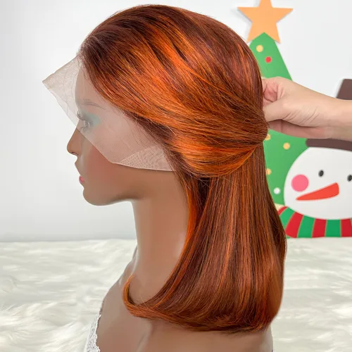 Imagen 2 del producto Ginger Orange 13x4 peluca recta con malla frontal Bob sedoso 200% densidad resaltado Color naranja P4-350 pelucas de cabello humano 100% prearrancadas