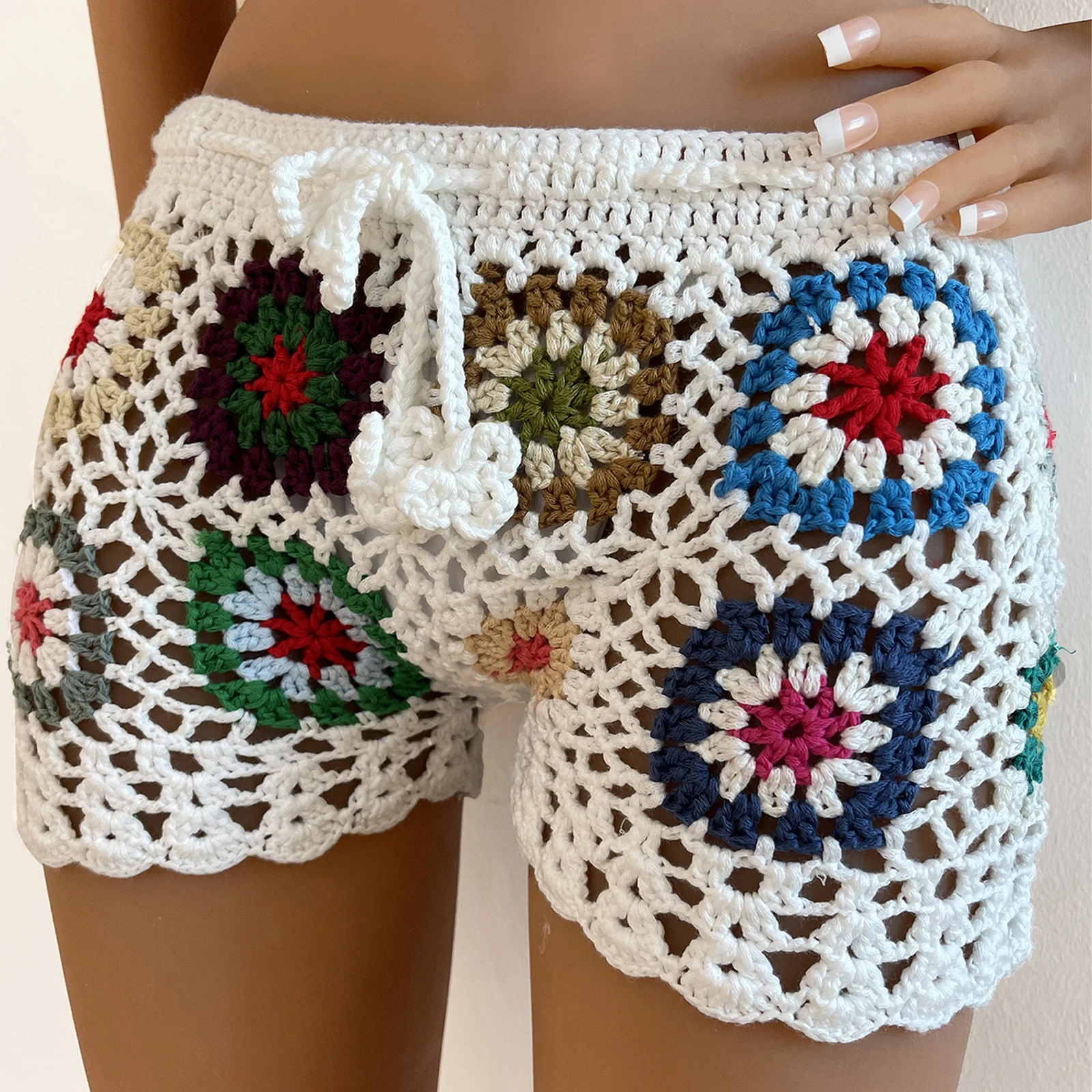 Gaono Y2K Vintage Women\'s Knit Crochet Shorts Casual Hollow Out Elastic Waist Drawstring Short Pants Lounge Shorts for Summer