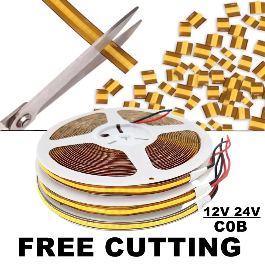 High Density COB LED Strip 8mm DC12V/24V 400LEDs/M 528LEDs/M Free Cuttable Flexible Light For Home Decoration Lighting 0.5-10m