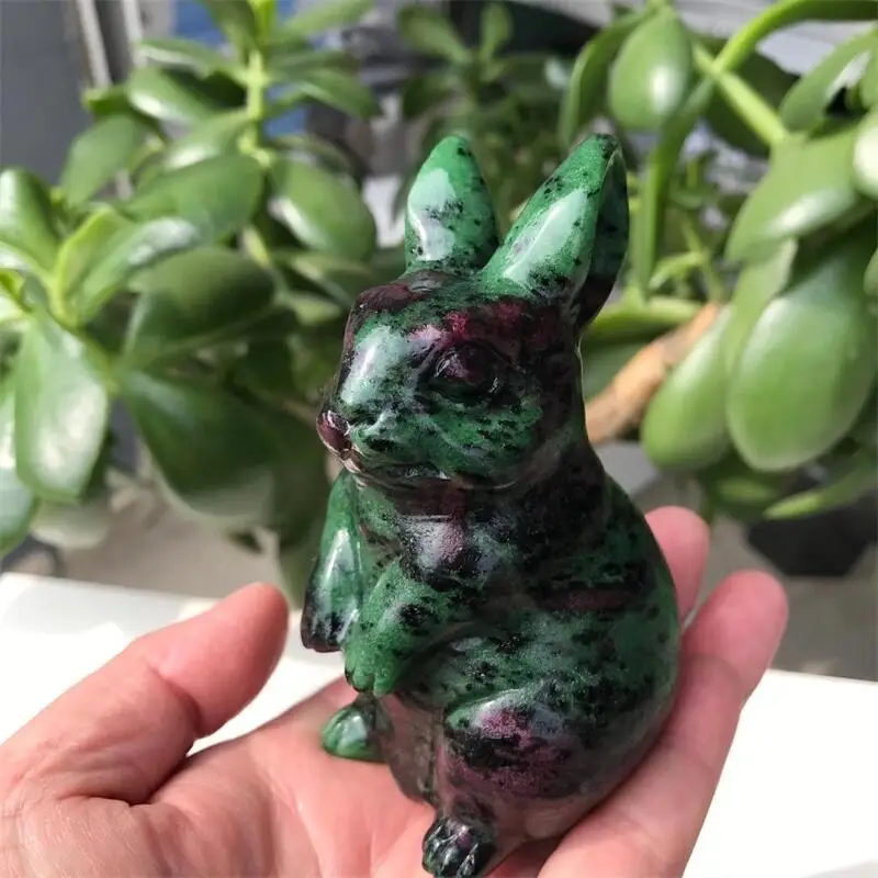 

Rabbit Statue Natural Ruby in Zoisite 10CM Healing Crystal Animal Carved Figurine Lucky Stone Home Decoration