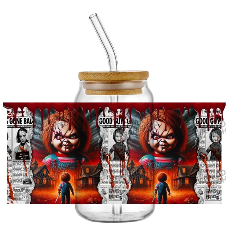 

Spooky Halloween Horror Movie Killer Design 16oz UV DTF Sticker Decal for Glass Can Cup Mug Craft Gift DIY