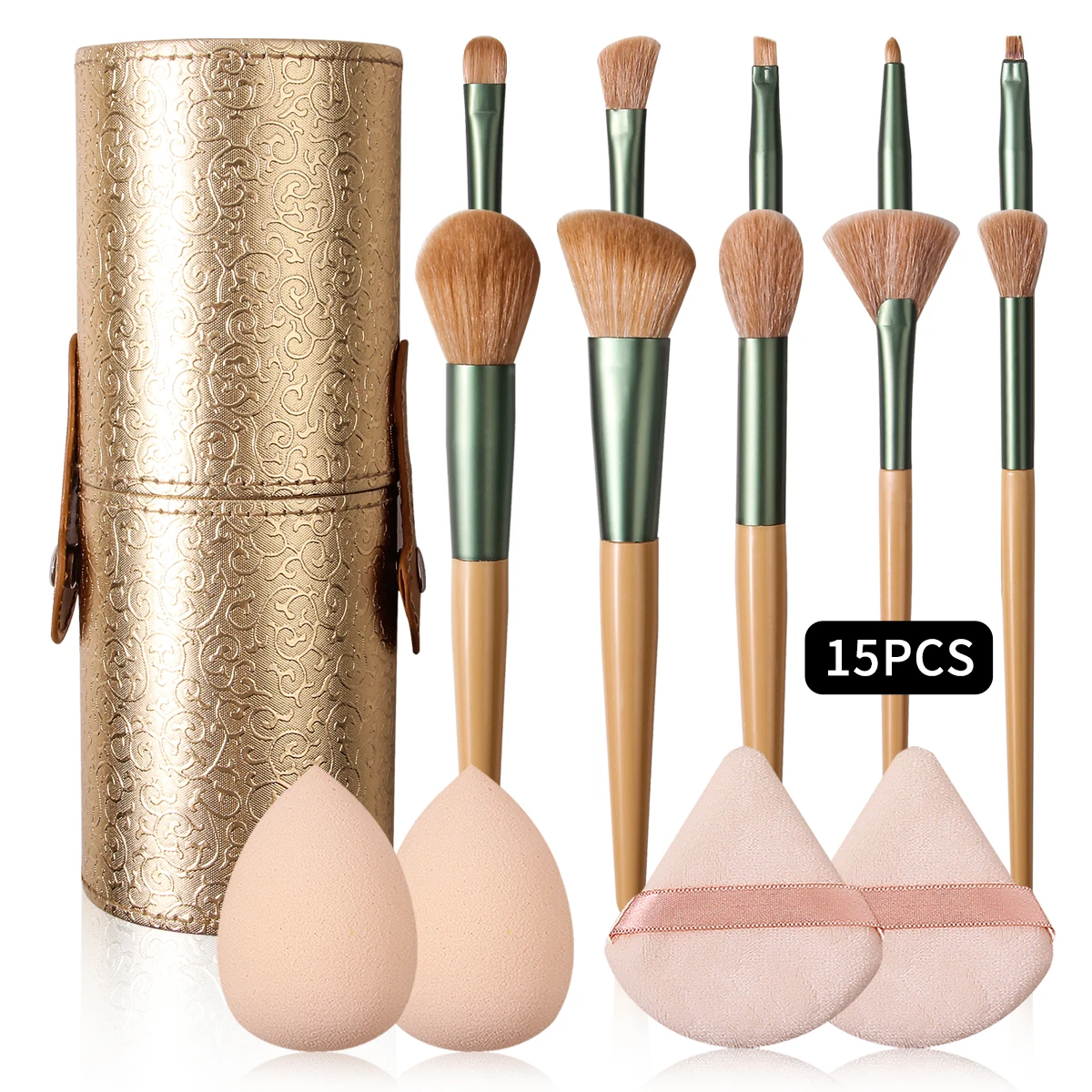 15 makeup sets, 10pcs makeup brush sets, 2pcs makeup eggs, 2pcs triangular powder puff, 1pcs makeup brush storage bucket