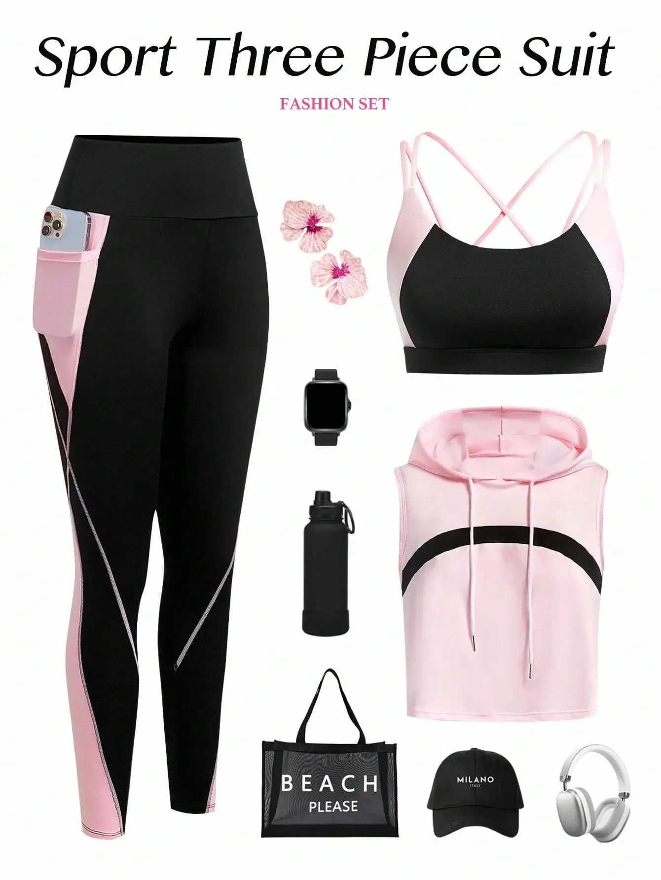

Women's Contrast Color Sleeveless Hooded Top And Pants Sport Three Piece Suit