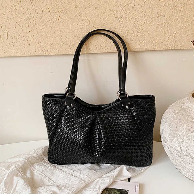 Koreanische Schultertasche mit seitlichem Reißverschluss, Vintage Casual Handtasche für Damen, minimalistische, schicke, einfarbige Rattan-Webtasche, Einkaufstasche – Detail 8