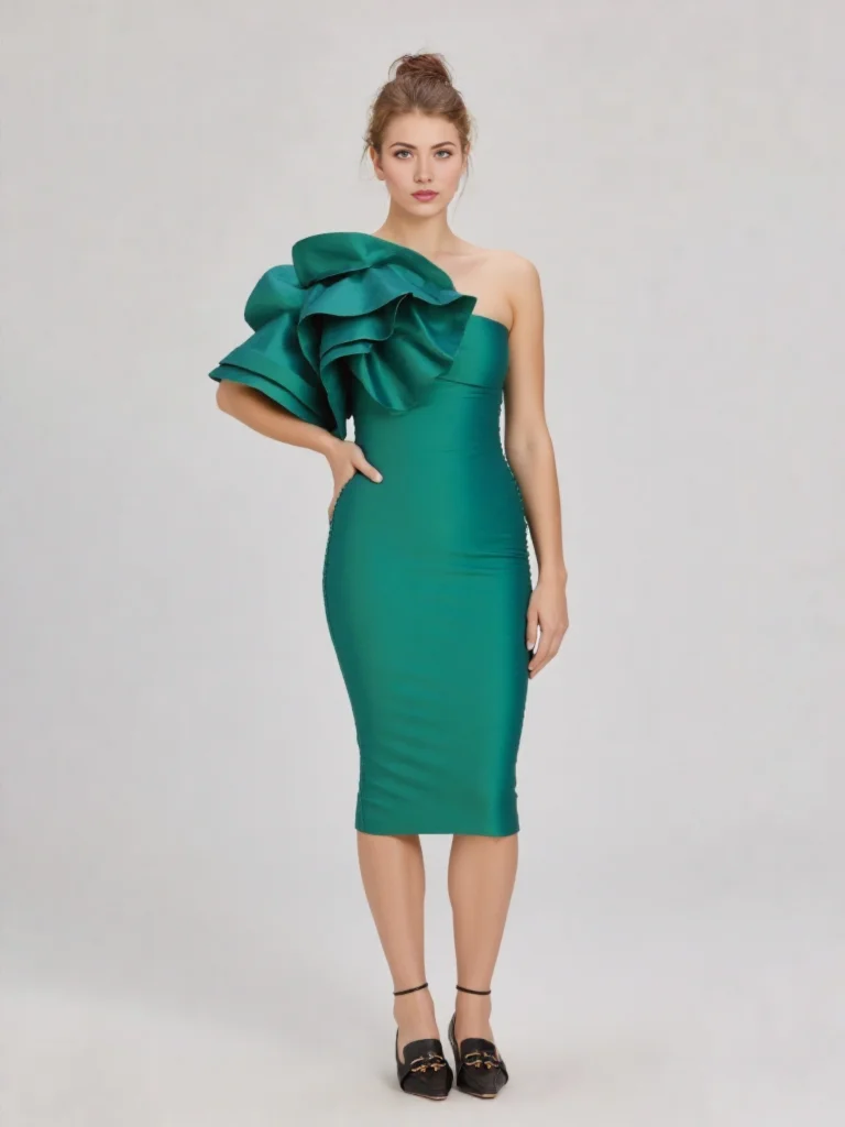 Emeral Green Satin Mother of the Bride Dress for Wedding Knee length Formal Party Dress Short Ruffle sleeveless CocktailGown