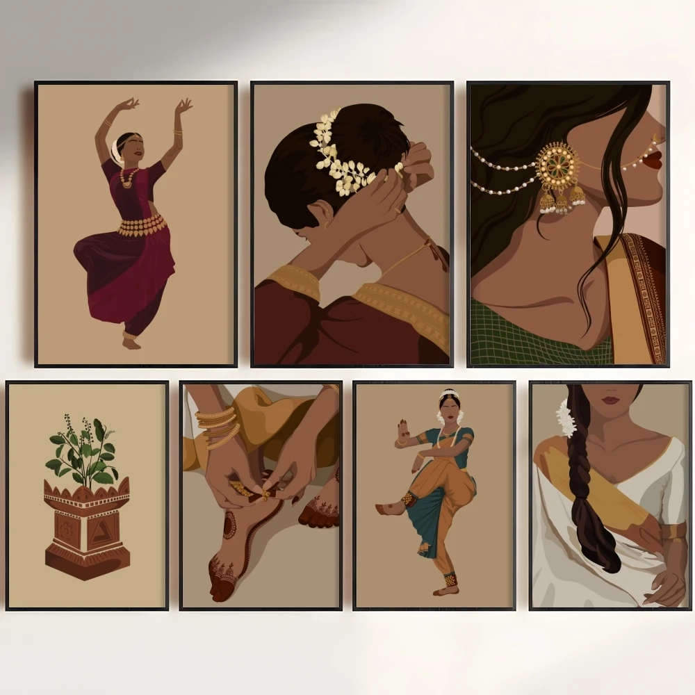 South Asian Culture Brown Girl Painting Calligraphy Canvas Painting Art for Bedroom Room Home Decor Wall Decoration Decals