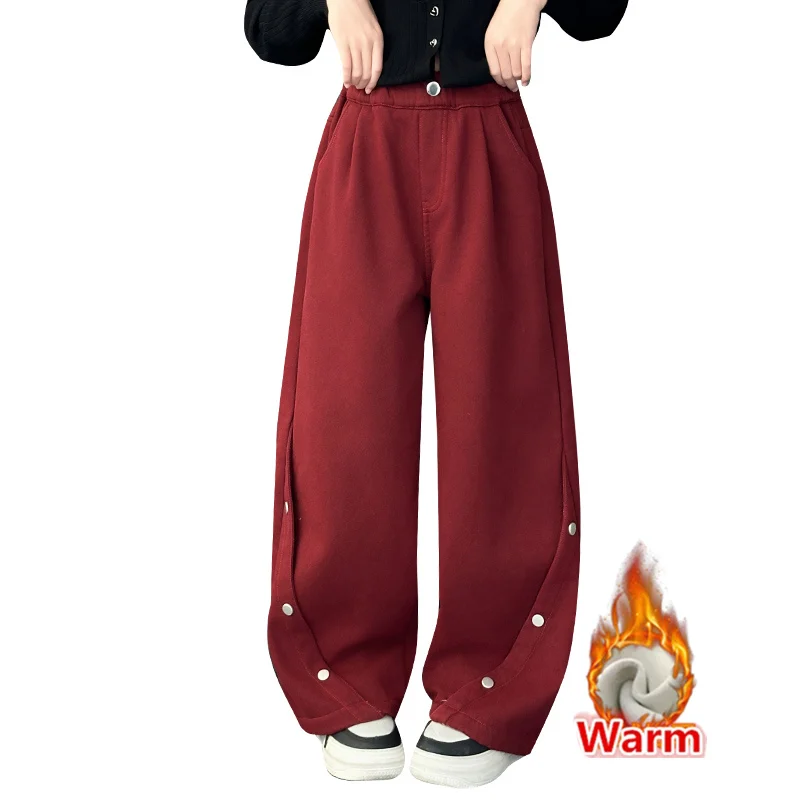 

Kids Winter Pants for Girls Warm Thick Thermal Sweatpants Child Burgundy Insulated Trousers With Button Elegant Fleece Pants