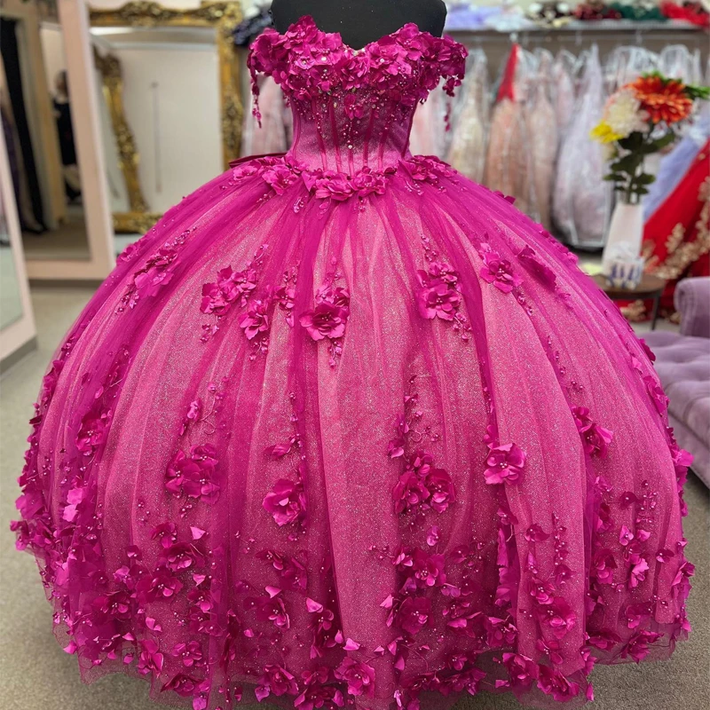 

Розово-красное платье принцессы Quinceanera, кружевное бальное платье с цветочной аппликацией, бусинами и жемчугом, милое платье 16, Vestidos De 15 Anos