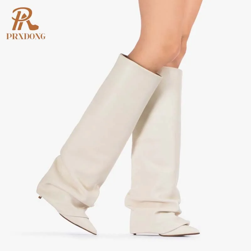 PRXDONG New Sexy High Heels Pointed Toe Autumn Winter Warm Knee High Boots Black Beige Dress Party Female Long Boots Size 34-43