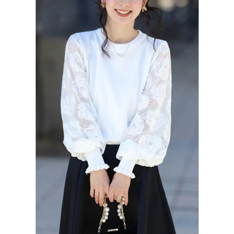 Temperament Lace Patchwork Pullovers Top Autumn Winter New Long Sleeve Solid Color Elegant Sweaters Fashion Korean Women Clothes