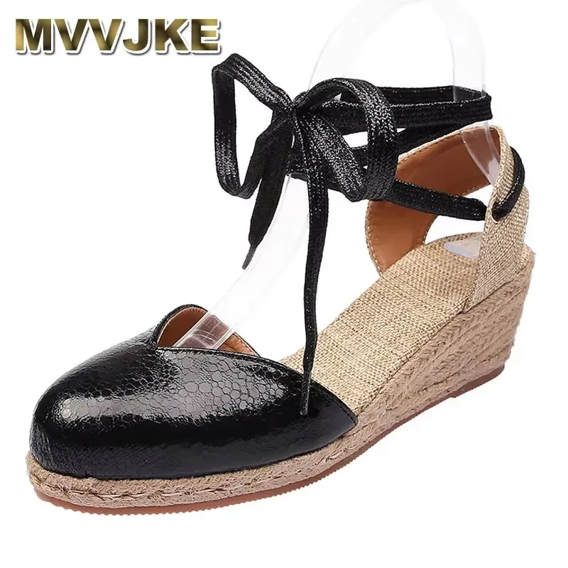 

2025 г. Женские эспадрильи на танкетке с ремешком на щиколотке и шнуровкой, сандалии с узким ремешком и закрытым носком, женские туфли на каблуке, большие размеры 43
