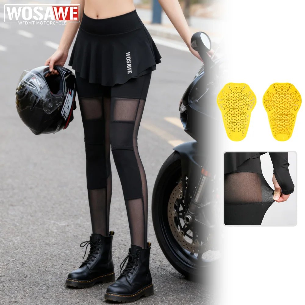 WOSAWE Women Motorcycle Leggings with Skirt High Waist Sheer Mesh Panel Riding Pants Fitness Yoga Pants Mesh Patchwork Tights