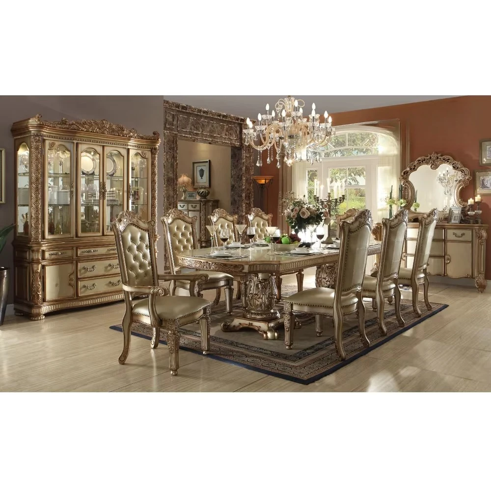 Classical Style Solid Oak Dining Table with Golden Resin & Jade - Like Inlays and Mortise - Tenon Joints