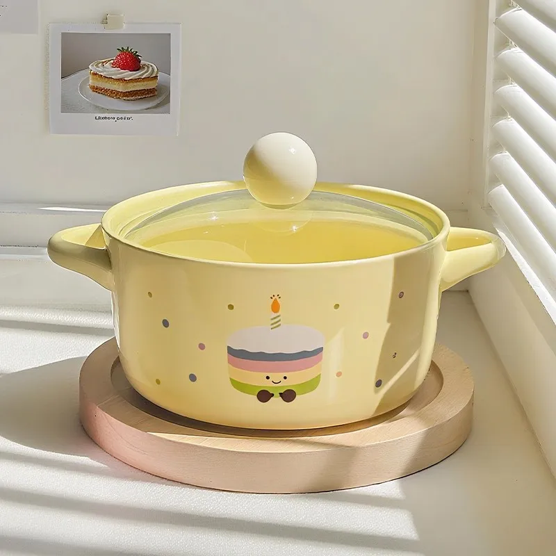 Cute Polka Dot Cake Pattern Instant Noodles Bowls 6 Inch Underglaze Color Cartoon Bowl with Lid Aesthetic Ceramic Tableware